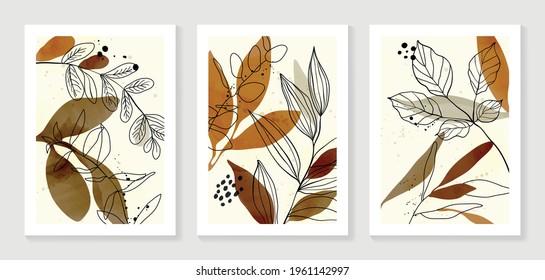 Botanical wall art vector set. Water color boho foliage line art drawing with  abstract shape.  Abstract Plant Art design for print, cover, wallpaper, Minimal and  natural wall art.