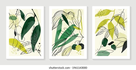 Botanical wall art vector set. Water color boho foliage line art drawing with  abstract shape.  Abstract Plant Art design for print, cover, wallpaper, Minimal and  natural wall art.