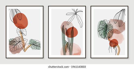 Conjunto de vectores de arte mural botánico. Dibujo de líneas de follaje boho color agua con forma abstracta.  Resumen Diseño de arte vegetal para la impresión, cubierta, papel pintado, arte de pared mínimo y natural.