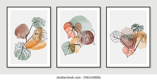 Botanical wall art vector set. Water color boho foliage line art drawing with  abstract shape.  Abstract Plant Art design for print, cover, wallpaper, Minimal and  natural wall art.