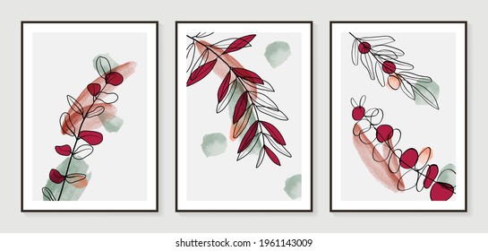 Botanical wall art vector set. Water color boho foliage line art drawing with  abstract shape.  Abstract Plant Art design for print, cover, wallpaper, Minimal and  natural wall art.