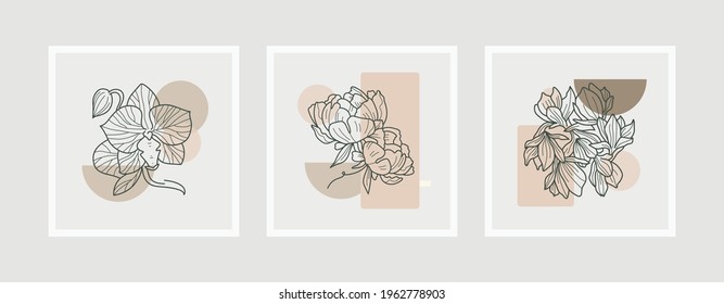 Botanische Wandkunst, Vektorset. Kunstzeichnung der Blattlinie mit abstrakter Form. Abstraktes Pflanzendesign für Druck, Deckel, Tapeten, Minimale und natürliche Wandkunst. Vektorgrafik.
