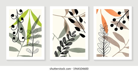 Botanical wall art vector set. Water color boho foliage line art drawing with  abstract shape.  Abstract Plant Art design for print, cover, wallpaper, Minimal and  natural wall art.