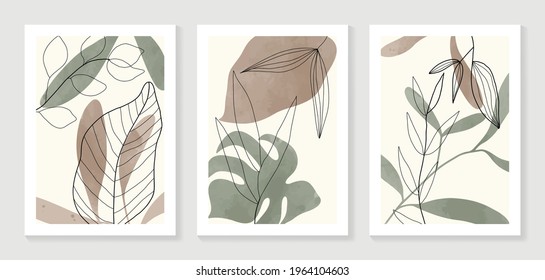 Botanical wall art vector set. Water color boho foliage line art drawing with  abstract shape.  Abstract Plant Art design for print, cover, wallpaper, Minimal and  natural wall art.