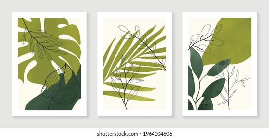 Botanical wall art vector set. Water color boho foliage line art drawing with  abstract shape.  Abstract Plant Art design for print, cover, wallpaper, Minimal and  natural wall art.