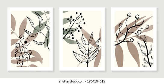 Conjunto de vectores de arte mural botánico. Dibujo de líneas de follaje boho color agua con forma abstracta.  Resumen Diseño de arte vegetal para la impresión, cubierta, papel pintado, arte de pared mínimo y natural.