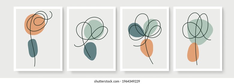 Botanical wall art vector set. Minimal and natural wall art. Boho foliage line art drawing with abstract shape. Abstract Plant Art design for print, wallpaper, cover. Modern vector illustration