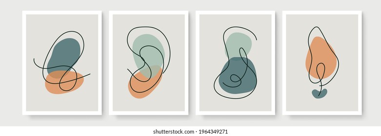 Botanical wall art vector set. Minimal and natural wall art. Boho foliage line art drawing with abstract shape. Abstract Plant Art design for print, wallpaper, cover. Modern vector illustration