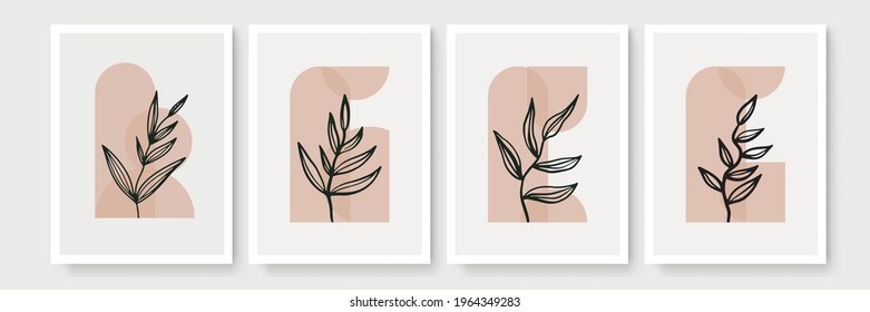Botanical wall art vector set. Minimal and natural wall art. Boho foliage line art drawing with abstract shape. Abstract Plant Art design for print, wallpaper, cover. Modern vector illustration