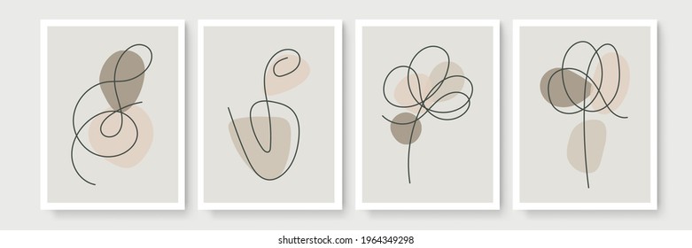 Botanical wall art vector set. Minimal and natural wall art. Boho foliage line art drawing with abstract shape. Abstract Plant Art design for print, wallpaper, cover. Modern vector illustration