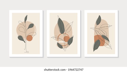 Botanical wall art vector set. Boho foliage line art drawing with abstract shape. Plant art design for print, cover ,wallpaper. Minimal wall poster in bohemian style. Vector illustration.