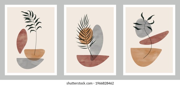 
Botanical wall art vector set. Tropical foliage line art drawing with abstract shape. Abstract plant art design for decoration print, cover, wallpaper, wall art. Watercolor background. 
EPS10 vector 