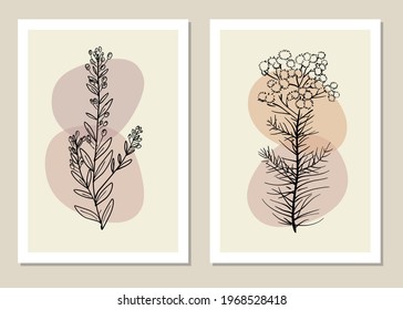 Conjunto de vectores de arte mural botánico. Patrón abstracto de flores y ramas para collages, afiches, cubiertas, ideal para la decoración de las paredes. Vector.