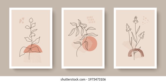 Botanical wall art vector set. Floral and Foliage line art drawing with abstract shape. Abstract Plant Art design for print, cover, wallpaper, Minimal and natural wall art. Vector illustration.