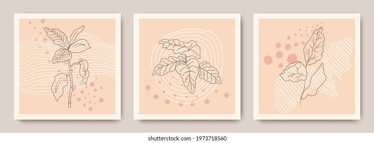 Botanical wall art vector set. Foliage line art drawing with abstract shape. Abstract Plant Art design for print, cover, wallpaper, Minimal and natural wall art. Vector illustration
