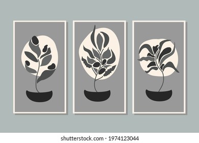 Botanical wall art vector set. Foliage line art drawing with abstract shape monochrome. Abstract Plant Art design for print, cover, wallpaper, Minimal and natural wall art. Vector illustration.