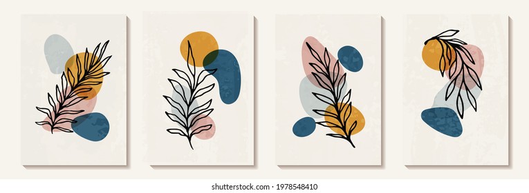 Botanical wall art vector set. Tropical Foliage line art drawing with abstract shape. Abstract Plant Art design for print, cover, wallpaper, Minimal and natural wall art decoration, poster, brochure.