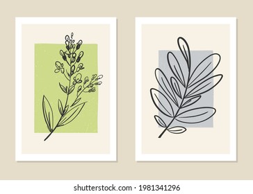 Conjunto de vectores de arte mural botánico. Patrón abstracto de flores para collages, afiches, cubiertas, ideal para la decoración de paredes. Vector. 