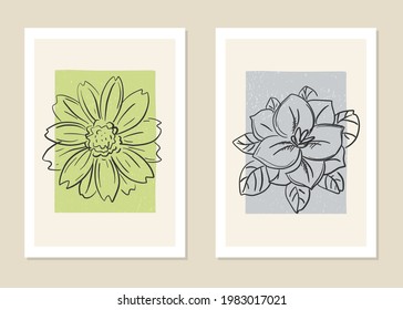 Botanische Wandkunst, Vektorset. Abstraktes Blumenmuster für Collagen, Poster, Decken, ideal für die Wanddekoration. Vektorgrafik. 