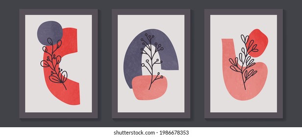 Botanical wall art vector set. Foliage line art drawing with abstract shape.  Abstract Plant Art design for print, cover, wallpaper, Minimal and  natural wall art. Vector illustration.