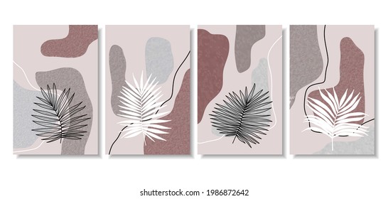 Conjunto de vectores de arte mural botánico. Dibujo artístico de línea de follaje con forma abstracta. Resumen Diseño de arte vegetal para impresión, cubierta, papel pintado, arte de pared mínimo y natural. Ilustración vectorial.