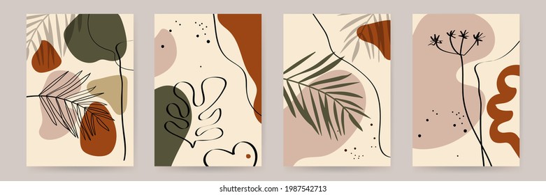 Botanical wall art vector set. Foliage line art drawing with abstract shape. Abstract Plant Art design for print, cover, wallpaper. Minimal and natural wall art. Vector image