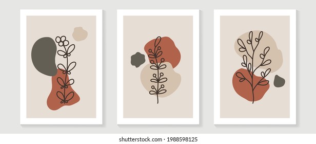 Botanical wall art vector set. Foliage line art drawing with abstract shape.  Abstract Plant Art design for print, cover, wallpaper, Minimal and  natural wall art. Vector illustration.
