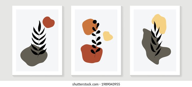 Conjunto de vectores de arte mural botánico. Dibujo artístico de línea de follaje con forma abstracta.  Resumen Diseño de arte vegetal para impresión, cubierta, papel pintado, arte de pared mínimo y natural. Ilustración vectorial.