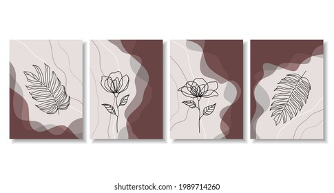 Botanical wall art vector set. Foliage line art drawing with abstract shape. Abstract Plant Art design for print, cover, wallpaper, Minimal and natural wall art. Vector illustration.