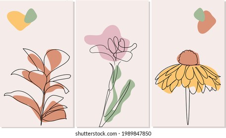 Conjunto de vectores de arte mural botánico. Dibujo de líneas de follaje de tono de la Tierra con forma abstracta. diseño para la impresión, la cubierta, el papel pintado, el arte de la pared mínimo y natural. Resumen de las formas florales de las plantas