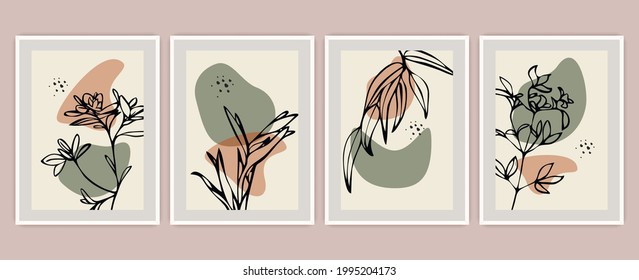 Botanical wall art vector set. Background with elements of tropical leaves and abstract shapes, modern graphic design for print,  wallpaper. 