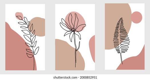 Botanical wall art vector set. Skin tone boho foliage line art drawing with abstract shape. Abstract Plant Art design for print, cover, wallpaper, Minimal and natural wall