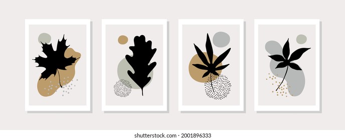 Botanical wall art vector set with abstract geometric shapes, autumn tree leaves silhouette, minimal doodles. Contemporary poster for minimal print, boho wall decor, flat design Vector minimal art