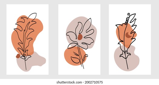 Botanical wall art vector set. Skin tone boho feathers and flowers line art drawing with abstract shape. Abstract Plant Art design for print, cover, wallpaper, Minimal and natural wall