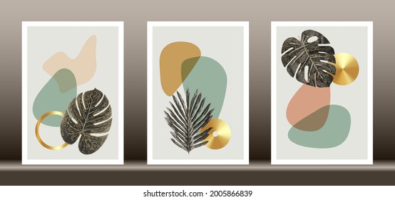 Botanical wall art vector set. Golden foliage line art drawing with abstract shape, Gold Abstract Plant Art design for wall framed prints, canvas prints, poster, home decor, cover, wallpaper