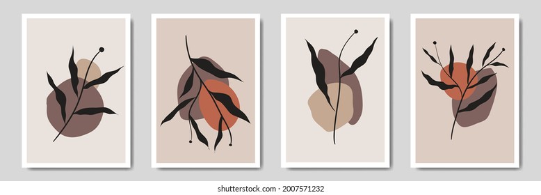 Botanical wall art vector set. A foliage line art drawing with abstract shape. Abstract Tropical plant art design for print, cover, wallpaper, Minimal and natural wall art. Vector illustration.