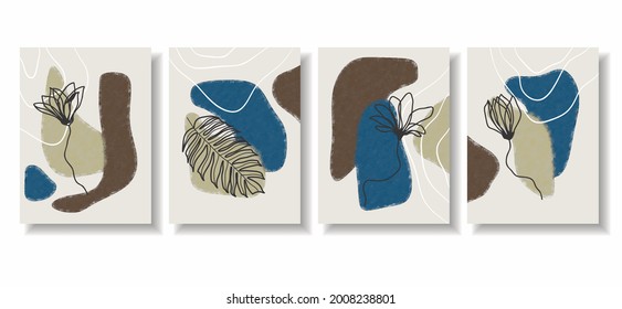 Botanical wall art vector set. Foliage line art drawing with abstract shape. Abstract Plant Art design for print, cover, wallpaper, Minimal and natural wall art. Vector illustration.