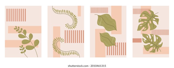 Conjunto de vectores de arte mural botánico. Dibujo artístico de línea de follaje con forma abstracta. Resumen Diseño de arte vegetal para impresión, cubierta, papel pintado. Ilustración vectorial plana mínima aislada en fondo blanco
