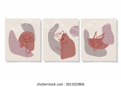 Conjunto de vectores de arte mural botánico. Dibujo artístico de línea de follaje con forma abstracta. Resumen Diseño de arte vegetal para impresión, cubierta, papel pintado, arte de pared mínimo y natural. Ilustración vectorial.
