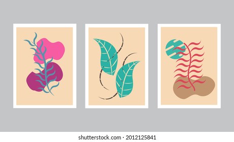 
Botanical wall art vector set. Earth tone boho foliage line art drawing with abstract shape. Abstract Plant Art design for wall framed prints, canvas prints, poster, home decor, cover, wallpaper.