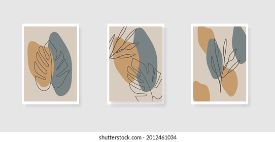 Botanical wall art vector set. Line drawing of earth boho tones foliage with abstract shape. Abstract plant art design for wall art, posters, home decor, covers, wallpapers