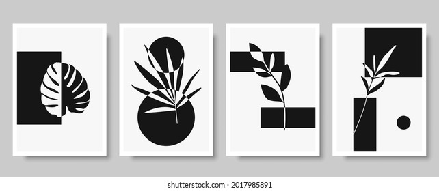 Botanical wall art vector set. Foliage line art drawing with abstract shape. Abstract Plant Art design for print, cover, wallpaper, Minimal and natural wall art. Vector illustration.