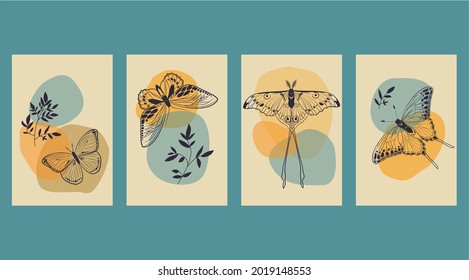 Botanische Wandkunst, Vektorset. Künstlerische Zeichnung der Blattlinie mit abstrakter Form und Schmetterlingen verschiedener Farben. Pflanzendesign für den Druck, Deckkunst, Tapete. Retro-Stil.