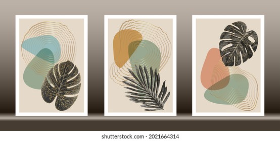 Botanical wall art vector set. Golden foliage line art drawing with abstract shape, Gold Abstract Plant Art design for wall framed prints, canvas prints, poster, home decor, cover, wallpaper