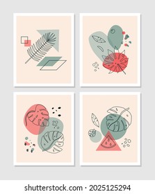 Conjunto de vectores de arte mural botánico. Dibujo artístico de línea de follaje con forma abstracta. Resumen Diseño de arte vegetal para impresión, cubierta, papel pintado, arte de pared mínimo y natural. Ilustración vectorial.