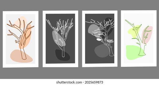 Botanical wall art vector set. Trees line art drawing. Abstract Plant Art design for wall framed prints, canvas prints, poster, home decor, cover, wallpaper