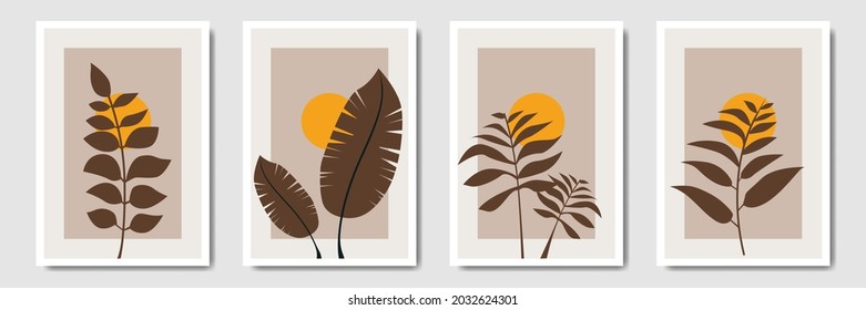 Botanical wall art vector set,  Tropical Foliage line art drawing with leaf abstract shape, Bohemian style wall decor collection, Minimal plant art for print, social media, cover, wallpaper.
