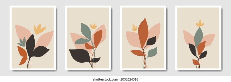 Botanical wall art vector set,  Tropical Foliage line art drawing with leaf abstract shape, Bohemian style wall decor collection, Minimal plant art for print, social media, cover, wallpaper.