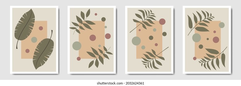 Botanical wall art vector set,  Tropical Foliage line art drawing with leaf abstract shape, Bohemian style wall decor collection, Minimal plant art for print, social media, cover, wallpaper.
