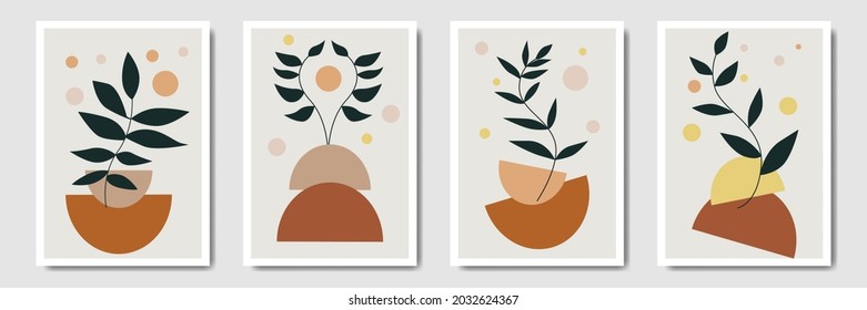 Botanische Wandkunst-Vektorset, Tropische Blattlinie-Kunstzeichnung mit abstrakter Blattform, Böhmische Wanddekoration, Minimale Pflanzenkunst für Druck, soziale Medien, Abdeckung, Tapeten.